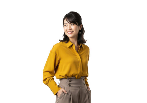 Smiling asian woman in casual business attire, confident and happy, looking to the side, professional lifestyle portrait, isolated on transparent background