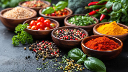 An assortment of spices, herbs, and peppers in wooden bowls offering a colorful and flavorful array.