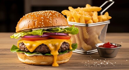 Delicious Cheeseburger with Fries and Ketchup on Wooden Table Ready to Eat A Mouthwatering Meal