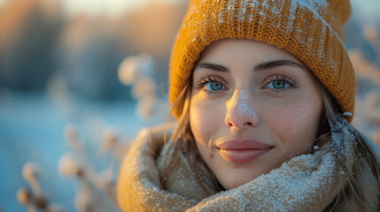 Winter Portrait: A woman in a snowy landscape with a hat and scarf, embracing the beauty of the season.