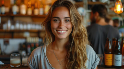 Smiling young woman with freckles and long wavy hair standing in a bar, looking towards the camera.