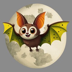 cute bat with green wings and big ears and full moon on grey background