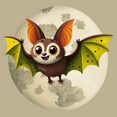 cute bat with green wings and big ears and full moon on beige background