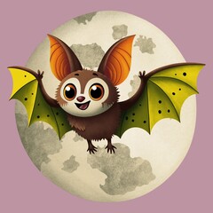 cute bat with green wings and big ears and full moon on pink background