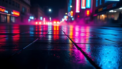 Neon lights reflecting on wet pavement creating an abstract urban night scene.