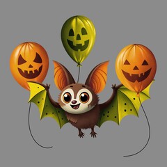 Halloween, colorful illustration, cute bat with green wings, orange and green balloons, grey background.