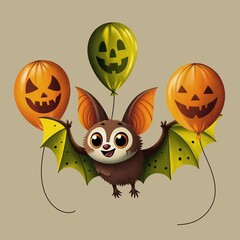 Halloween, colorful illustration, cute bat with green wings, orange and green balloons, beige  background.