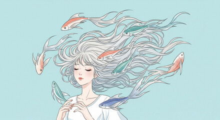 a young woman with long, flowing hair that floats and dances as if underwater