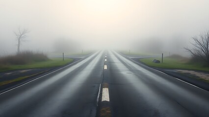 Fototapeta premium An abstract crossroads with two diverging paths in a misty morning, creating a sense of choice.