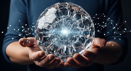 Hands holding a crystal sphere with digital connections symbolizing global communication and future technology innovation