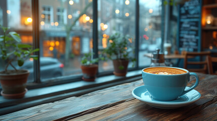 Cozy cafe scene with a latte and plants by the window