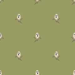 halloween seamless pattern, cute ghosts on green background
