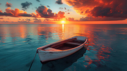 Tranquil boat floats on shimmering water, reflecting a vibrant sunset with clouds ablaze in fiery hues.