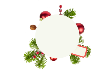 round christmas copy space with fir tree branches, red xmas balls and nuts isolated on white or transparent png