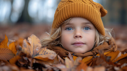 Autumn child: Portrait of a young girl nestled among fallen leaves in the park with hat and scarf.