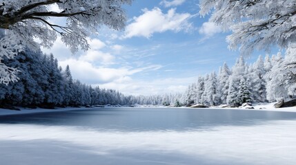 Tranquil Winter Landscape with Snow-Covered Forest and Frozen Lake Under Blue Sky