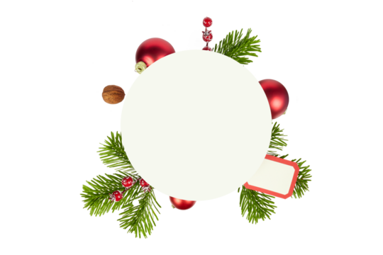 round christmas copy space with fir tree branches, red xmas balls and nuts isolated on white or transparent png