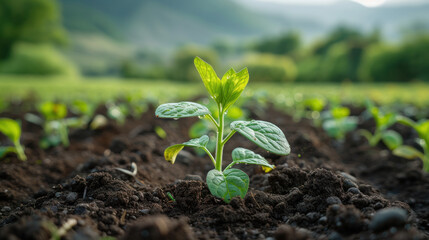 New plant growing in cultivated field. Symbolizing growth, hope, and connection with the natural world.