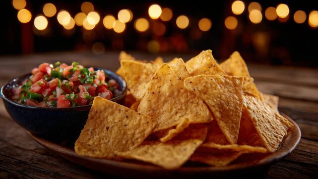 Crispy tortilla chips paired with vibrant salsa featuring fresh tomatoes, onions, and jalape&ntilde;os.