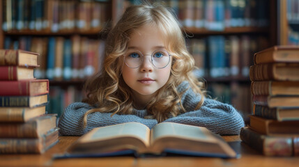 Young girl engrossed in a book at a library, surrounded by stacks of classic literature.