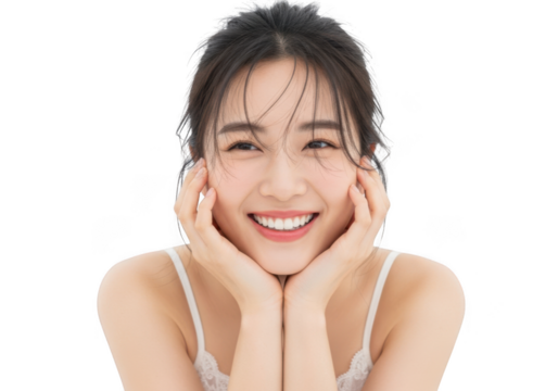 Beautiful young asian woman with healthy skin, smiling happily with hands on her chin, isolated on transparent background - Powered by Adobe