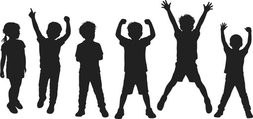 Silhouettes of children standing, cheering, jumping, and celebrating. Black vector illustration of happy kids in different energetic poses © Lotus