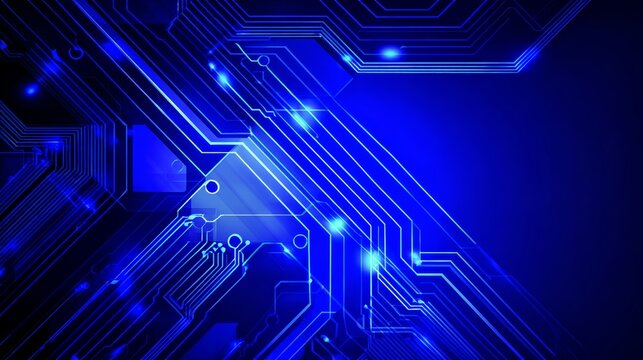 Abstract blue background with glowing circuit lines, digital connections, representing futuristic technology, data transmission, electronic systems, cyber network, innovation in high-tech environments