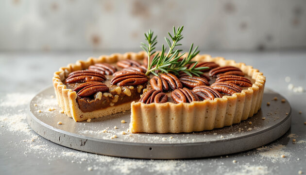 Close-up of a pecan pie with a slice removed and rosemary garnish  