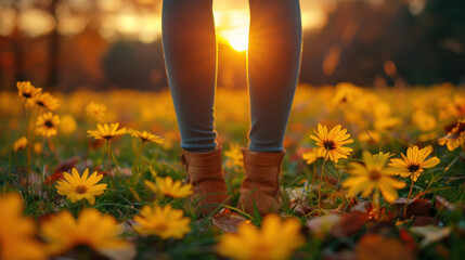 Autumnal Bliss: Boots amid golden wildflowers, bathed in warm sunset light.