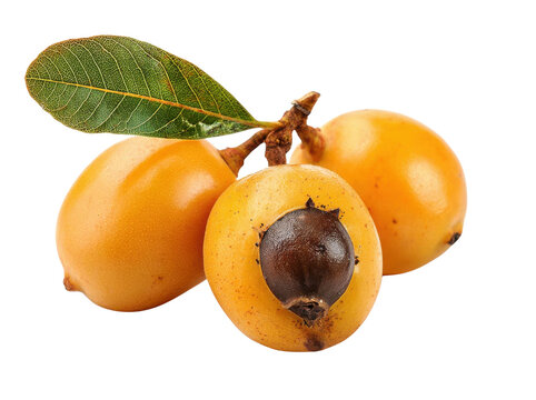 loquat fruit with seed and leaf on transparent background.