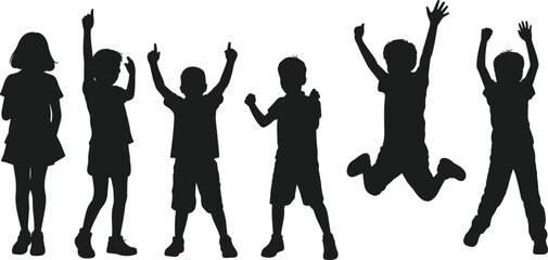 Silhouettes of happy children playing, jumping, and raising hands in joyful poses. Black vector illustration of kids having fun