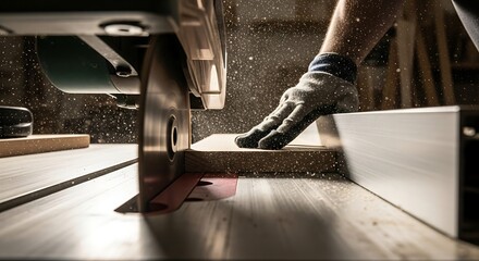 Precision woodworking using a table saw with focus on safety and skilled craftsmanship