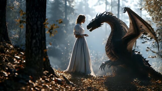A woman in a white dress stands amidst a misty forest, with a large dragon looming overhead. The scene is bathed in a soft, golden light.