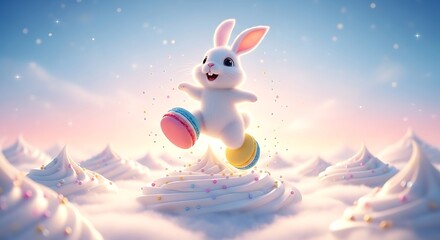 Obraz premium Joyful Easter Bunny Hopping on Creamy Dessert Landscape with Macarons and Sprinkles