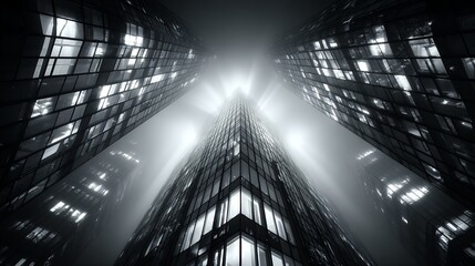 Grayscale Impression of Modern City Skyscrapers with Foggy Haze Reflecting Sunlight from Tall Buildings a Low Angle Perspective Capturing Urban Architecture at Night 177 characters
