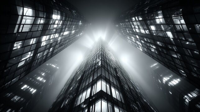 Grayscale Impression of Modern City Skyscrapers with Foggy Haze Reflecting Sunlight from Tall Buildings a Low Angle Perspective Capturing Urban Architecture at Night 177 characters