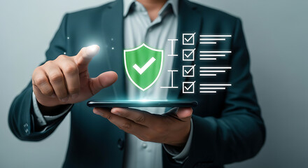 Businessman touching a digital shield with a checkmark, symbolizing security, protection, and verified safety in a digital or business context
