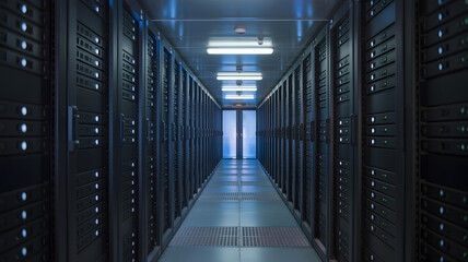 Obraz premium A server room with rows of servers and bright lights illuminating the long corridor and the end doors