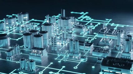 A futuristic cityscape of interconnected technological structures glows with blue digital lines, representing a complex network of data and innovation - Powered by Adobe