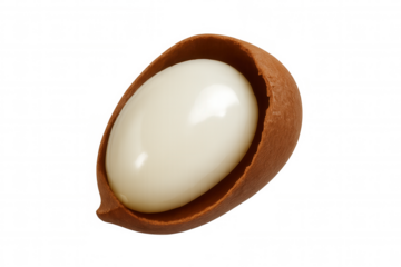 Close-up of argan nut cracking open, showcasing golden kernel surrounded by rough shell, representing raw organic ingredient for beauty and cooking industries