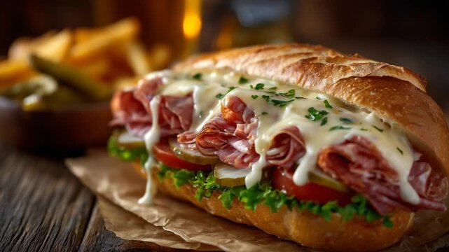 A mouthwatering sub sandwich loaded with deli meats, melted cheese, and fresh veggies, complemented by pickle spears and potato wedges.