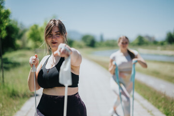 Naklejka premium Two young women engaging in fitness activities outdoors, utilizing resistance bands for their workout. They appear motivated, enjoying a sunny day in a natural setting for their health routine.