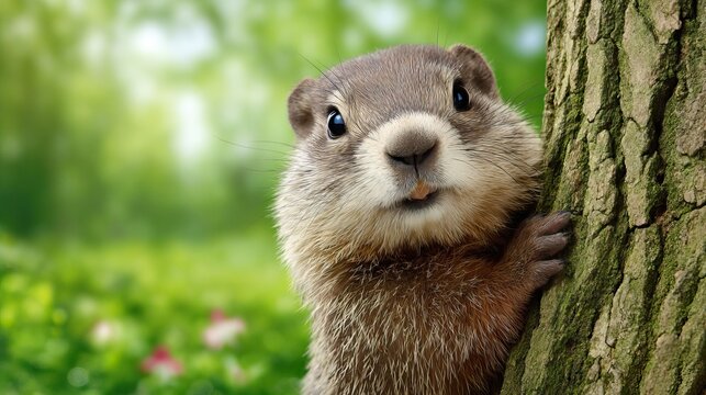 Groundhog/Peeking/Behind Tree - Powered by Adobe