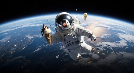 Penguin Astronaut Eating Ice Cream in Space Above Earth