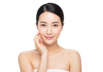 Portrait of a beautiful young asian woman with healthy glowing skin touching her cheek, isolated on transparent background