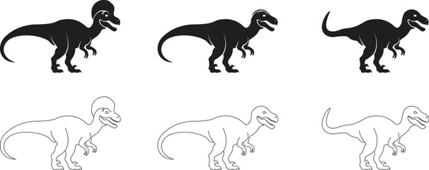 Dinosaur icon set, black vector collection of prehistoric reptile group in flat and line style T-Rex raptor cartoon dino ancient animal silhouette and outline fossil isolated on transparent background © WaQar