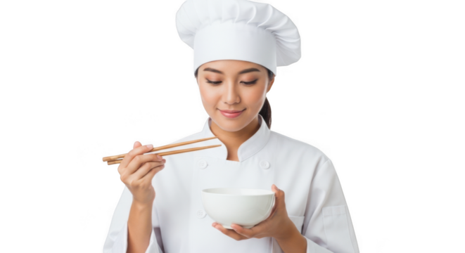 Asian female chef in uniform holding chopsticks and a bowl of food, isolated on transparent background - Powered by Adobe