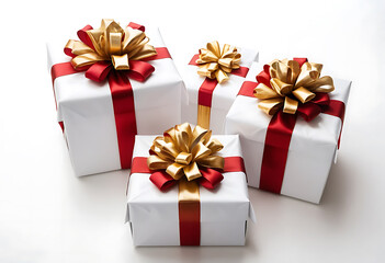 Fototapeta premium Gift boxes wrapped in white paper with glittery red and golden bows for a luxurious holiday presentation, beautifully wrapped gift boxes with red bow and white paper.