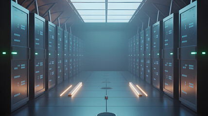 A futuristic server room with rows of data storage units and glowing lights in a blue environment