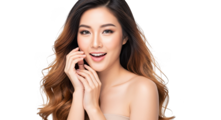 Beautiful young asian woman with long wavy brown hair smiling and touching her face, isolated on transparent background